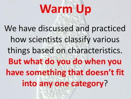Warm Up We have discussed and practiced how scientists classify various things based on characteristics. But what do you do when you have something that.