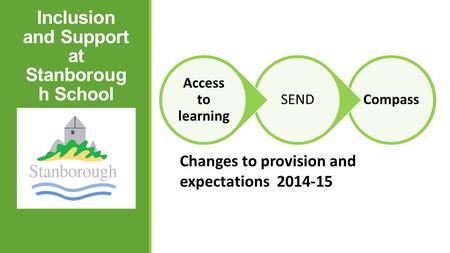 Inclusion and Support at Stanboroug h School Changes to provision and expectations 2014-15 CompassSEND Access to learning.
