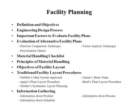 Facility Planning Definition and Objectives Engineering Design Process