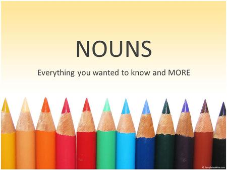 NOUNS Everything you wanted to know and MORE. What are Nouns? A noun is a word that names a person, a place, a thing or an idea Examples: Person: uncle,