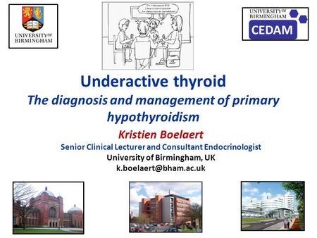 Underactive thyroid The diagnosis and management of primary hypothyroidism Kristien Boelaert Senior Clinical Lecturer and Consultant Endocrinologist University.