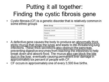 Putting it all together: Finding the cystic fibrosis gene Cystic fibrosis (CF) is a genetic disorder that is relatively common in some ethnic groups A.