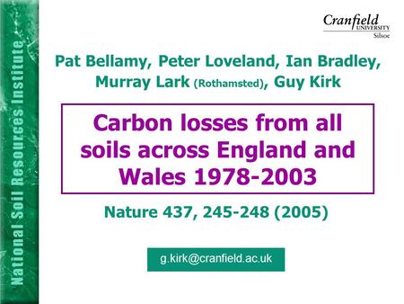 Carbon losses from all soils across England and Wales 1978-2003 Pat Bellamy, Peter Loveland, Ian Bradley, Murray Lark (Rothamsted), Guy Kirk