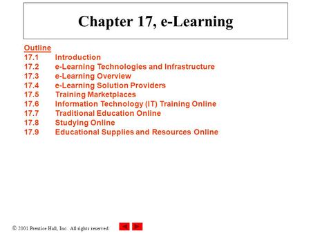  2001 Prentice Hall, Inc. All rights reserved. Chapter 17, e-Learning Outline 17.1Introduction 17.2e-Learning Technologies and Infrastructure 17.3e-Learning.
