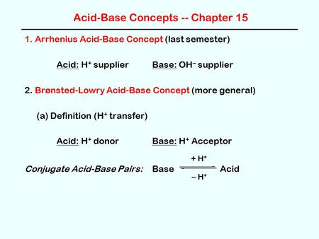 Acid-Base Concepts -- Chapter 15 1. Arrhenius Acid-Base Concept (last semester) Acid: H + supplier Base: OH – supplier 2. Brønsted-Lowry Acid-Base Concept.
