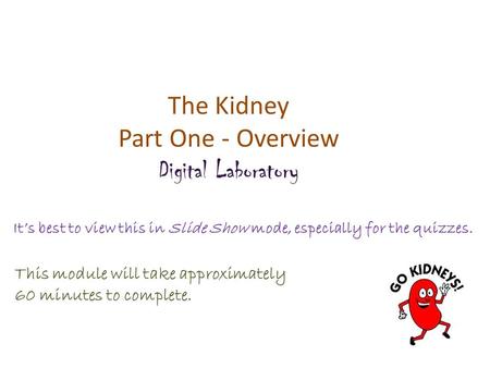 The Kidney Part One - Overview Digital Laboratory It’s best to view this in Slide Show mode, especially for the quizzes. This module will take approximately.