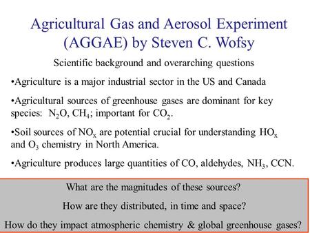 Agricultural Gas and Aerosol Experiment (AGGAE) by Steven C. Wofsy Scientific background and overarching questions Agriculture is a major industrial sector.