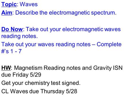 Topic: Waves Aim: Describe the electromagnetic spectrum