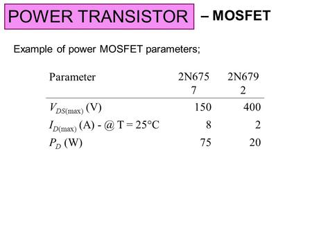 POWER TRANSISTOR – MOSFET Parameter 2N6757 2N6792 VDS(max) (V)