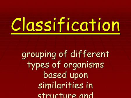 Classification grouping of different types of organisms based upon similarities in structure and evolutionary relationships.