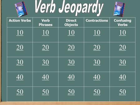 Action VerbsVerb Phrases Direct Objects ContractionsConfusing Verbs 10 20 30 40 50.