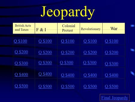 Jeopardy British Acts and Taxes F & I Colonial Protest Revolutionary War Q $100 Q $200 Q $300 Q $400 Q $500 Q $100 Q $200 Q $300 Q $400 Q $500 Final Jeopardy.