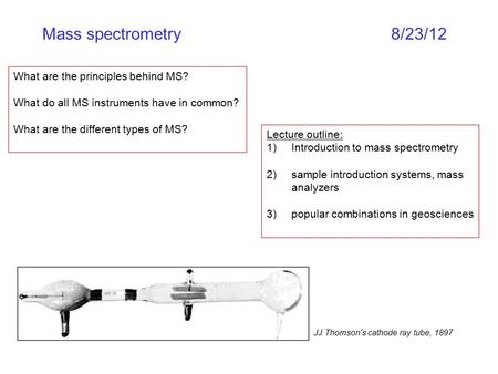 Mass spectrometry 8/23/12 What are the principles behind MS?