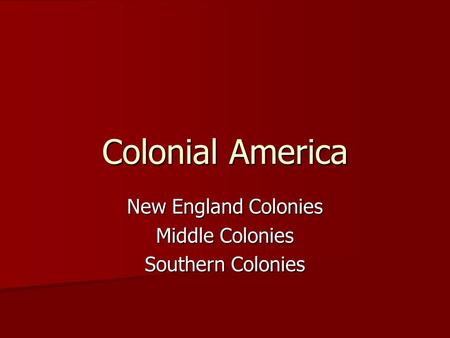 New England Colonies Middle Colonies Southern Colonies