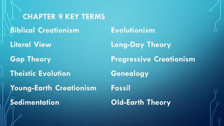 Chapter 9 Key Terms Biblical Creationism Evolutionism Literal View Long-Day Theory Gap Theory Progressive Creationism Theistic Evolution Genealogy Young-Earth.