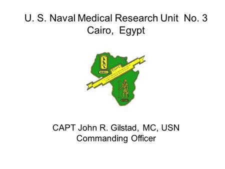 U. S. Naval Medical Research Unit No. 3 Cairo, Egypt CAPT John R. Gilstad, MC, USN Commanding Officer.