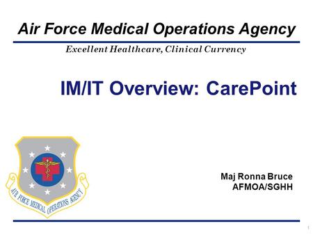 Excellent Healthcare, Clinical Currency Air Force Medical Operations Agency 1 IM/IT Overview: CarePoint Maj Ronna Bruce AFMOA/SGHH.