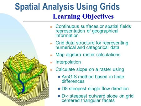 Spatial Analysis Using Grids n Continuous surfaces or spatial fields representation of geographical information n Grid data structure for representing.