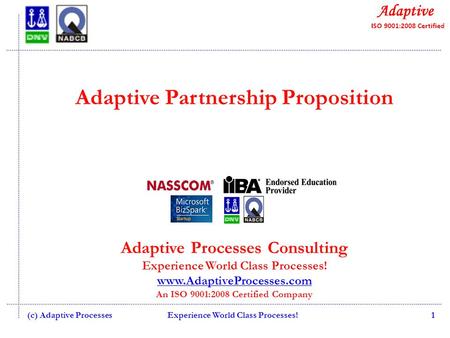 Adaptive Partnership Proposition Adaptive Processes Consulting Experience World Class Processes! www.AdaptiveProcesses.com An ISO 9001:2008 Certified Company.
