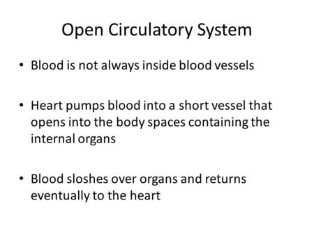 Open Circulatory System Blood is not always inside blood vessels Heart pumps blood into a short vessel that opens into the body spaces containing the internal.