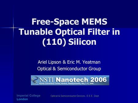 Free-Space MEMS Tunable Optical Filter in (110) Silicon