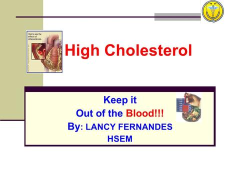 High Cholesterol Keep it Out of the Blood!!! By : LANCY FERNANDES HSEM.
