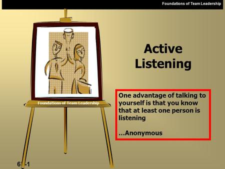 Foundations of Team Leadership 6b-1 Foundations of Team Leadership Active Listening One advantage of talking to yourself is that you know that at least.