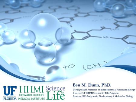 Ben M. Dunn, PhD. Distinguished Professor of Biochemistry & Molecular Biology Director, UF-HHMI Science for Life Program Director, IDS Program in Biochemistry.