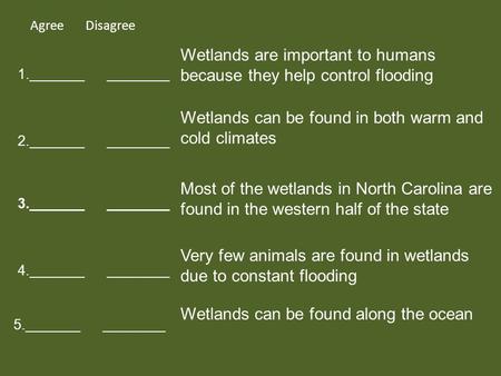 Agree Disagree 1._______ ________ 2._______ ________ 3._______ ________ 5._______ ________ 4._______ ________ Wetlands are important to humans because.