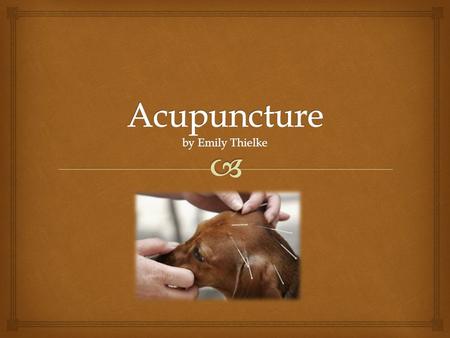   Acupuncture: the insertion of needles into specific points on the body to cause a desired healing effect.  One of the earliest records of veterinary.