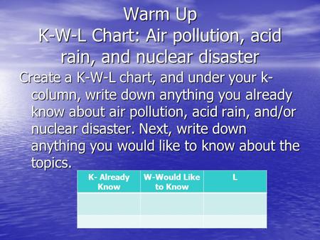 Warm Up K-W-L Chart: Air pollution, acid rain, and nuclear disaster Create a K-W-L chart, and under your k- column, write down anything you already know.