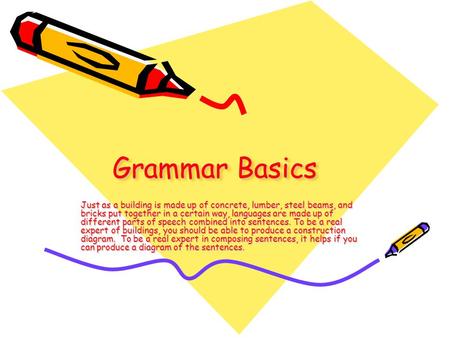 Grammar Basics Just as a building is made up of concrete, lumber, steel beams, and bricks put together in a certain way, languages are made up of different.