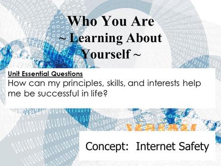 Concept: Internet Safety Who You Are ~ Learning About Yourself ~ Unit Essential Questions How can my principles, skills, and interests help me be successful.
