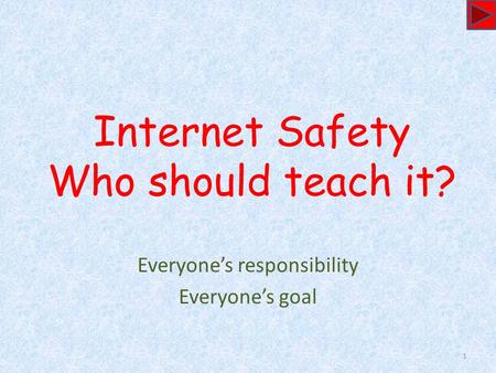 Internet Safety Who should teach it? Everyone’s responsibility Everyone’s goal 1.