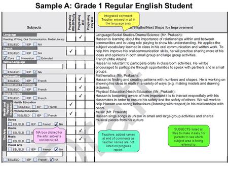 Sample A: Grade 1 Regular English Student