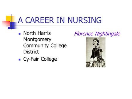 A CAREER IN NURSING North Harris Montgomery Community College District Cy-Fair College Florence Nightingale.