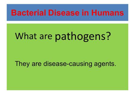 Bacterial Disease in Humans What are pathogens? They are disease-causing agents.