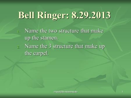 Bell Ringer: 8.29.2013 1. Name the two structure that make up the stamen. 2. Name the 3 structure that make up the carpel. copyright cmassengale1.