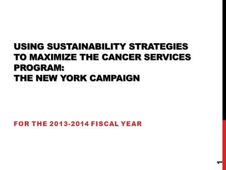 USING SUSTAINABILITY STRATEGIES TO MAXIMIZE THE CANCER SERVICES PROGRAM: THE NEW YORK CAMPAIGN FOR THE 2013-2014 FISCAL YEAR 1.