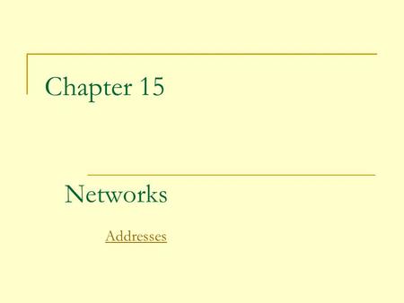 Chapter 15 Networks Addresses. 2 Networking Computer network:  A collection of computing devices that are connected in various ways in order to communicate.