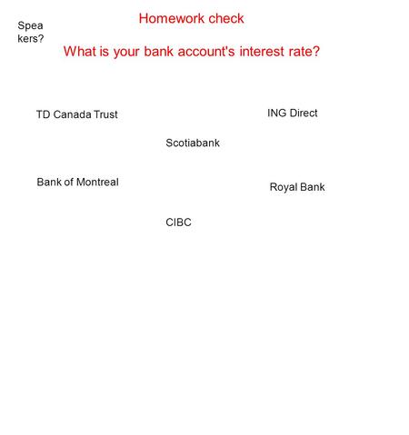 Homework check What is your bank account's interest rate? TD Canada Trust Scotiabank Bank of Montreal Royal Bank ING Direct Spea kers? CIBC.