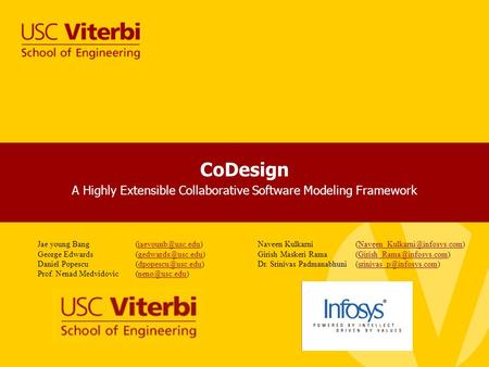 CoDesign A Highly Extensible Collaborative Software Modeling Framework SoftArch, USC March, 2010 Jae young George.