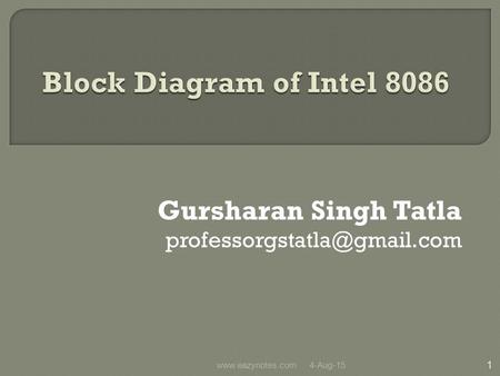 Gursharan Singh Tatla professorgstatla@gmail.com Block Diagram of Intel 8086 Gursharan Singh Tatla professorgstatla@gmail.com www.eazynotes.com 19-Apr-17.