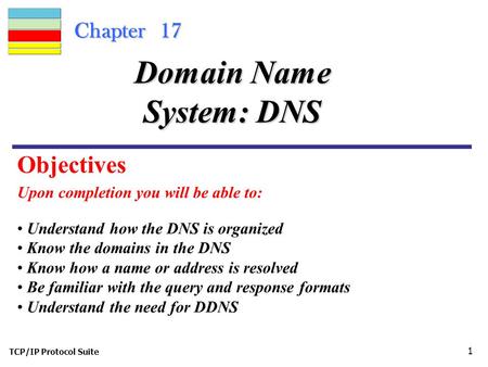 TCP/IP Protocol Suite 1 Chapter 17 Upon completion you will be able to: Domain Name System: DNS Understand how the DNS is organized Know the domains in.