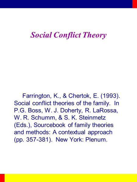 Social Conflict Theory Farrington, K., & Chertok, E. (1993). Social conflict theories of the family. In P.G. Boss, W. J. Doherty, R. LaRossa, W. R. Schumm,