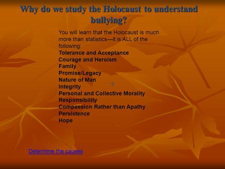 Why do we study the Holocaust to understand bullying? Determine the causes ??? You will learn that the Holocaust is much more than statistics—it is ALL.