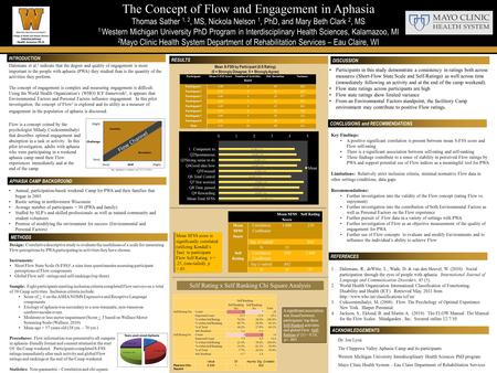 The Concept of Flow and Engagement in Aphasia Thomas Sather 1, 2, MS, Nickola Nelson 1, PhD, and Mary Beth Clark 2, MS 1 Western Michigan University PhD.