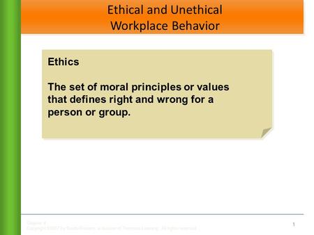Chapter 4 Copyright ©2007 by South-Western, a division of Thomson Learning. All rights reserved Ethical and Unethical Workplace Behavior 1 Ethics The set.