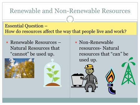 Renewable and Non-Renewable Resources Renewable Resources – Natural Resources that “cannot” be used up. Non-Renewable resources- Natural resources that.