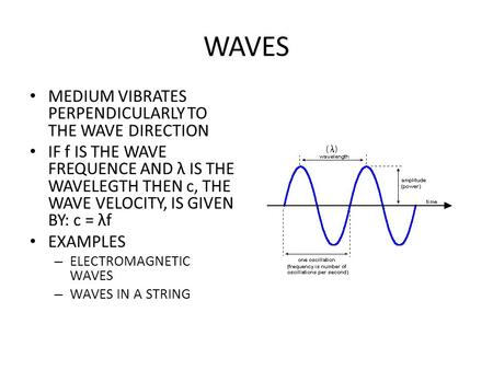 WAVES MEDIUM VIBRATES PERPENDICULARLY TO THE WAVE DIRECTION IF f IS THE WAVE FREQUENCE AND λ IS THE WAVELEGTH THEN c, THE WAVE VELOCITY, IS GIVEN BY: c.